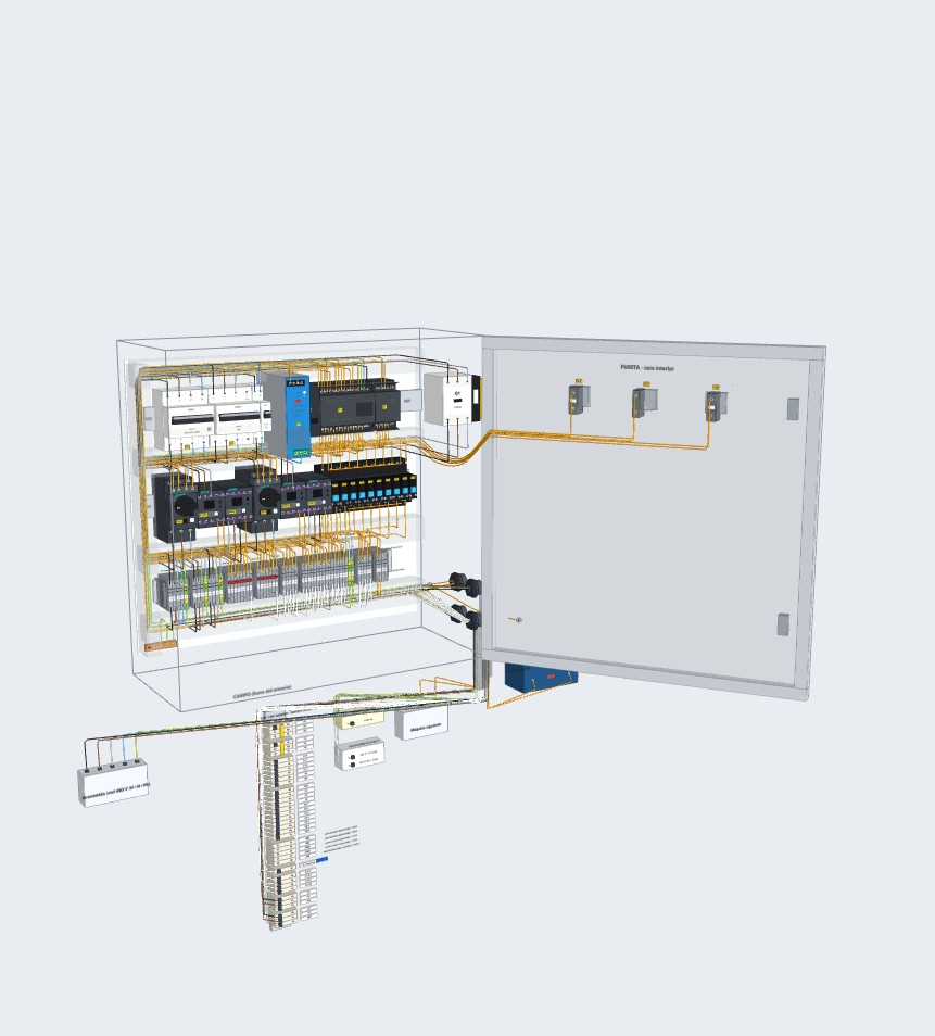 Un cuadro de control diseñado por nosotros, en 3D, con todo su cableado